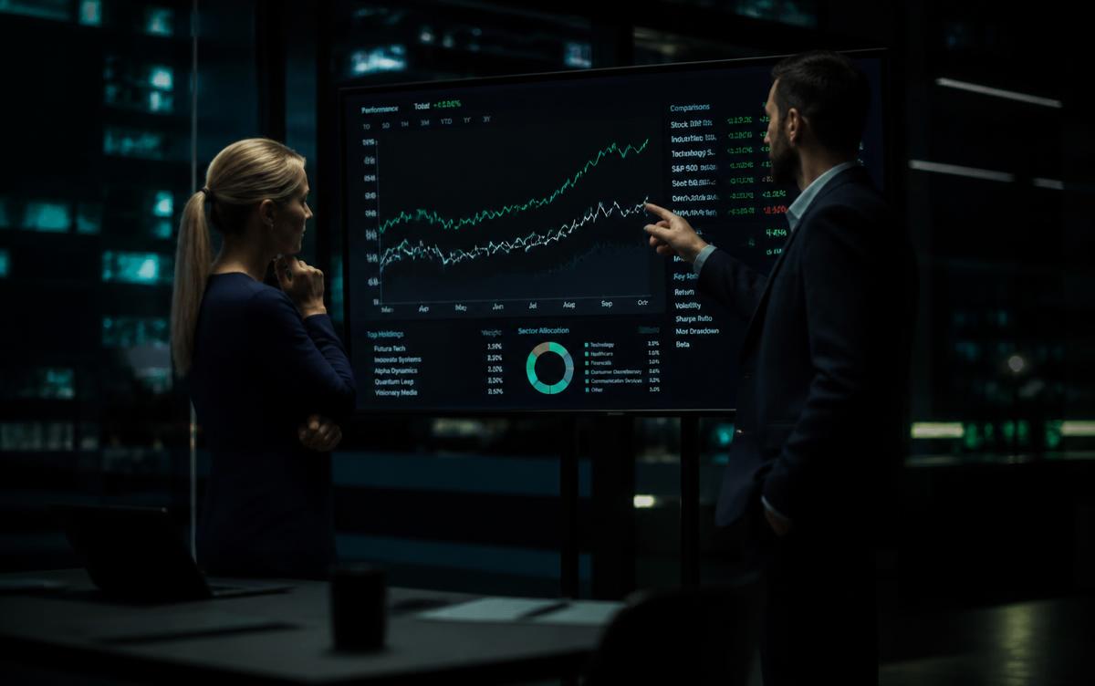 Inversor comparando la rentabilidad de su portafolio con el índice S&P 500 en dos pantallas