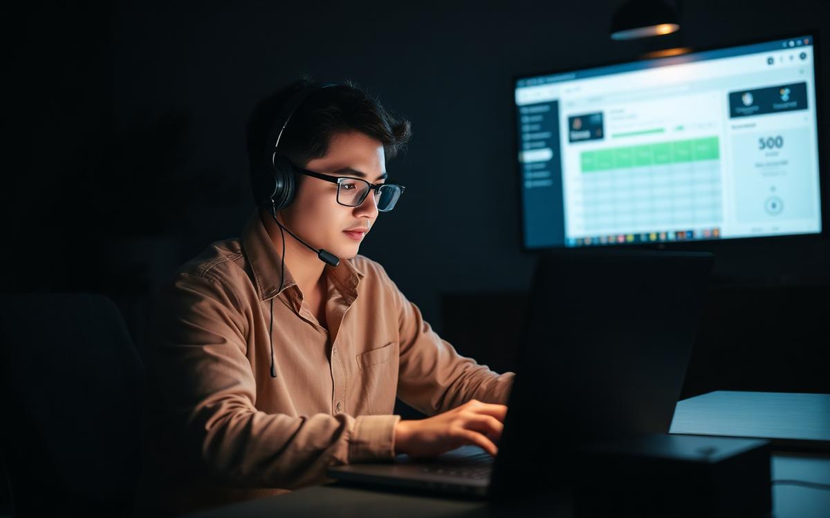 Emprendedor con auriculares cerrando una venta desde su portátil para su agencia de growth marketing