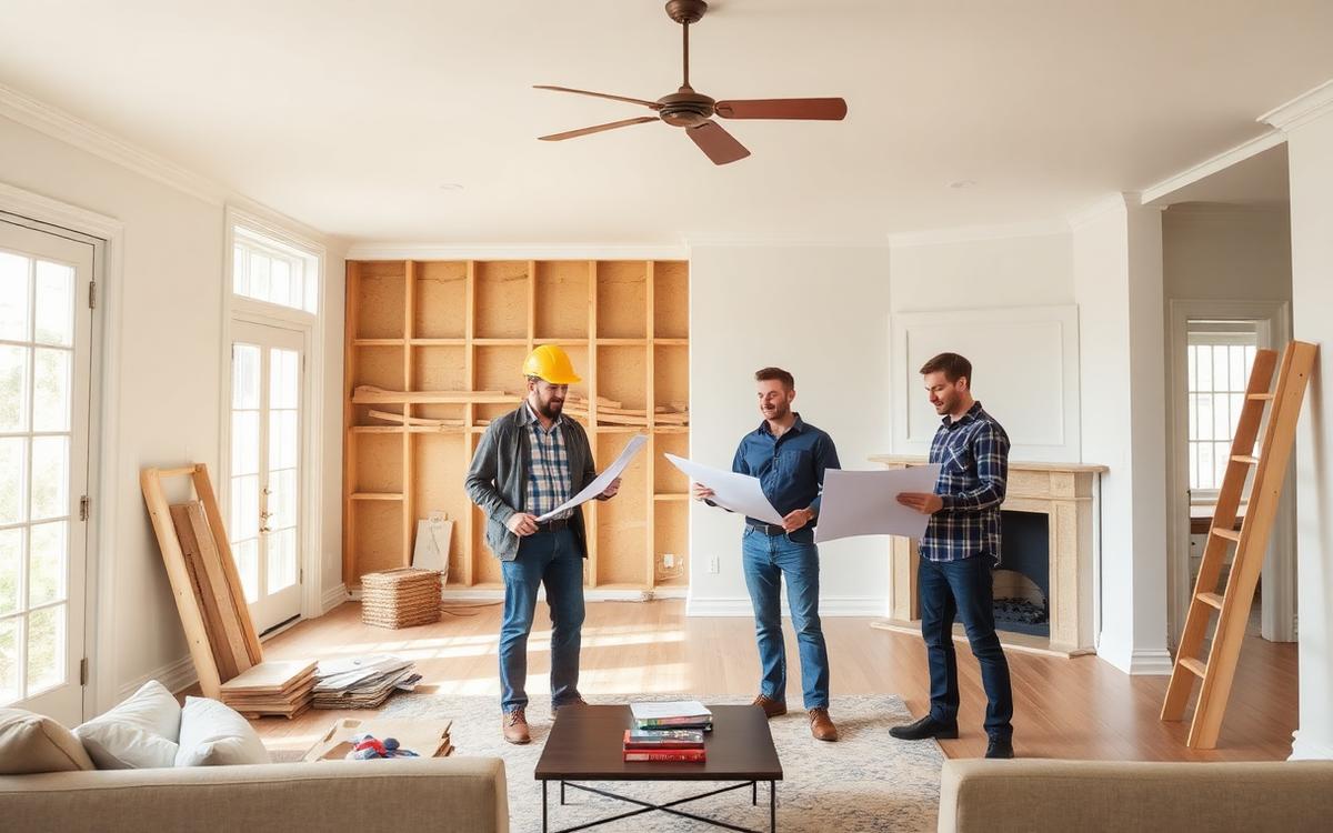 Inversor y contratista revisando planos en una vivienda en reforma para house flipping