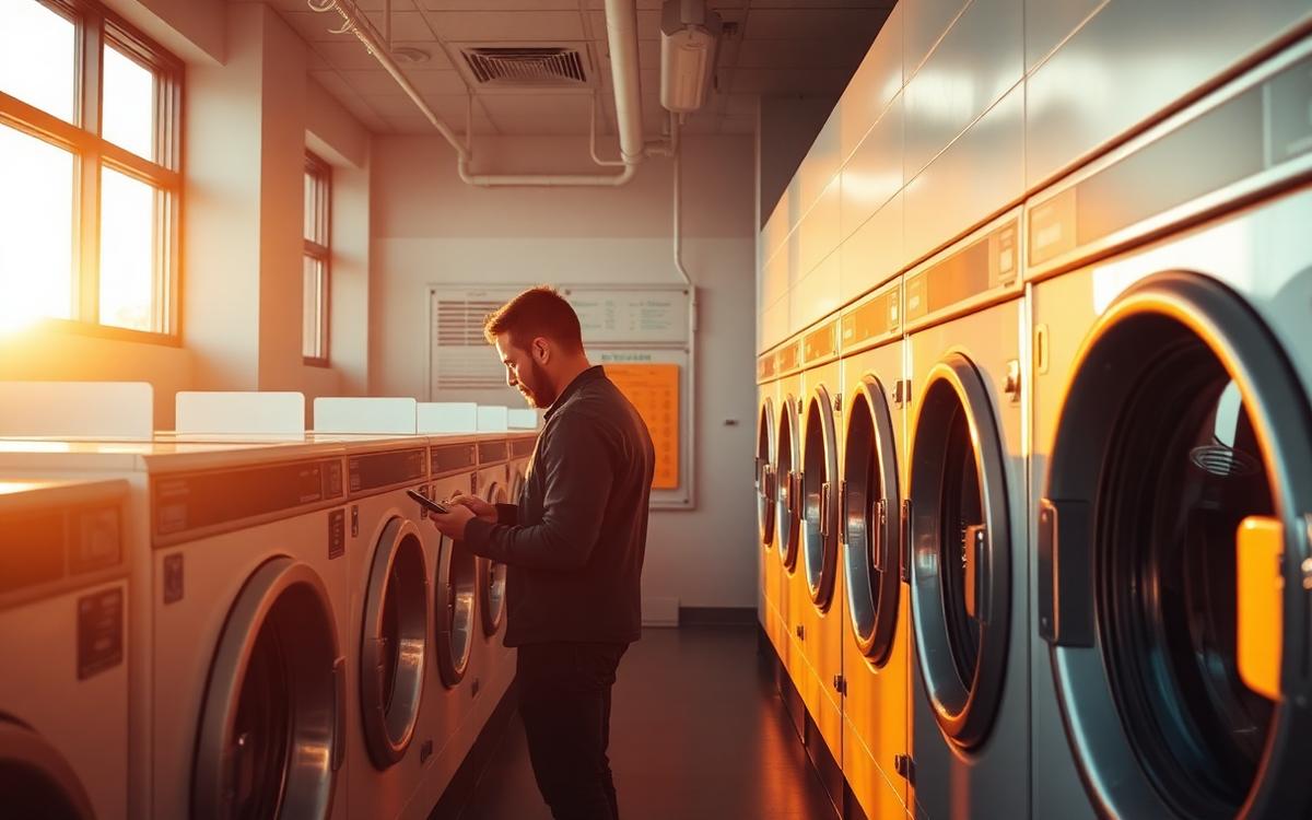 Interior de una lavandería automática moderna con cliente pagando desde el móvil