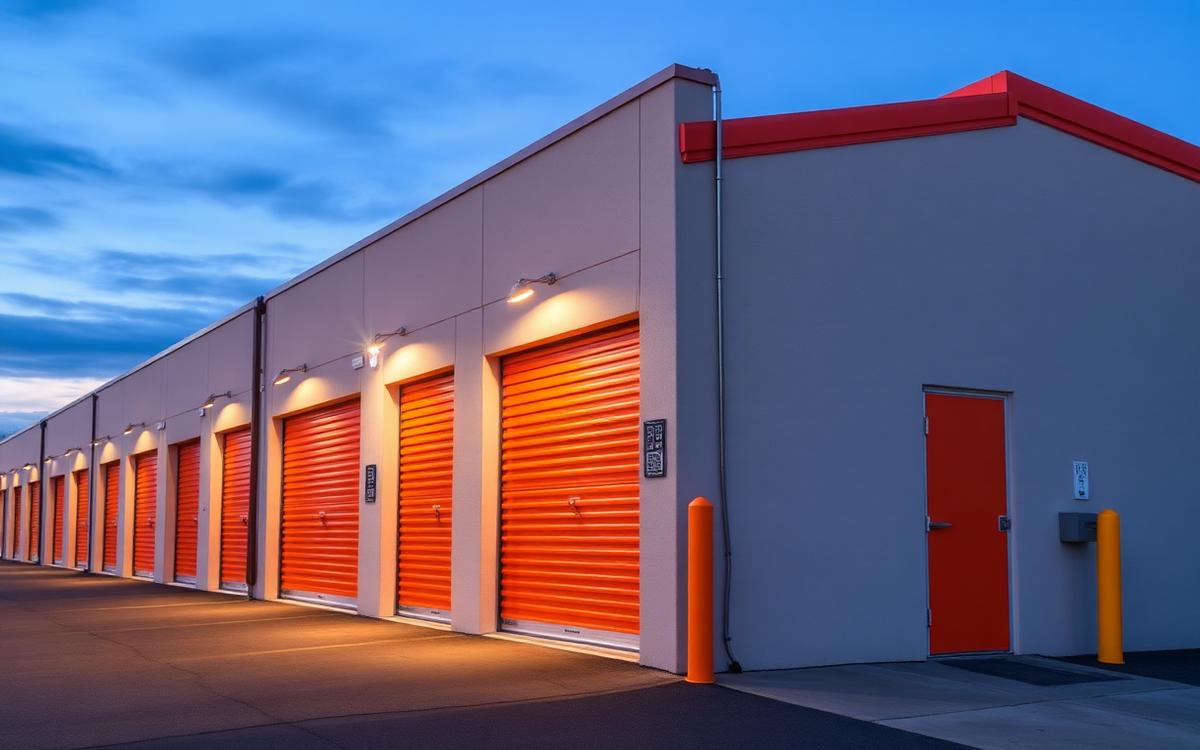 Instalación moderna de self storage con puertas naranjas y acceso mediante código QR al atardecer