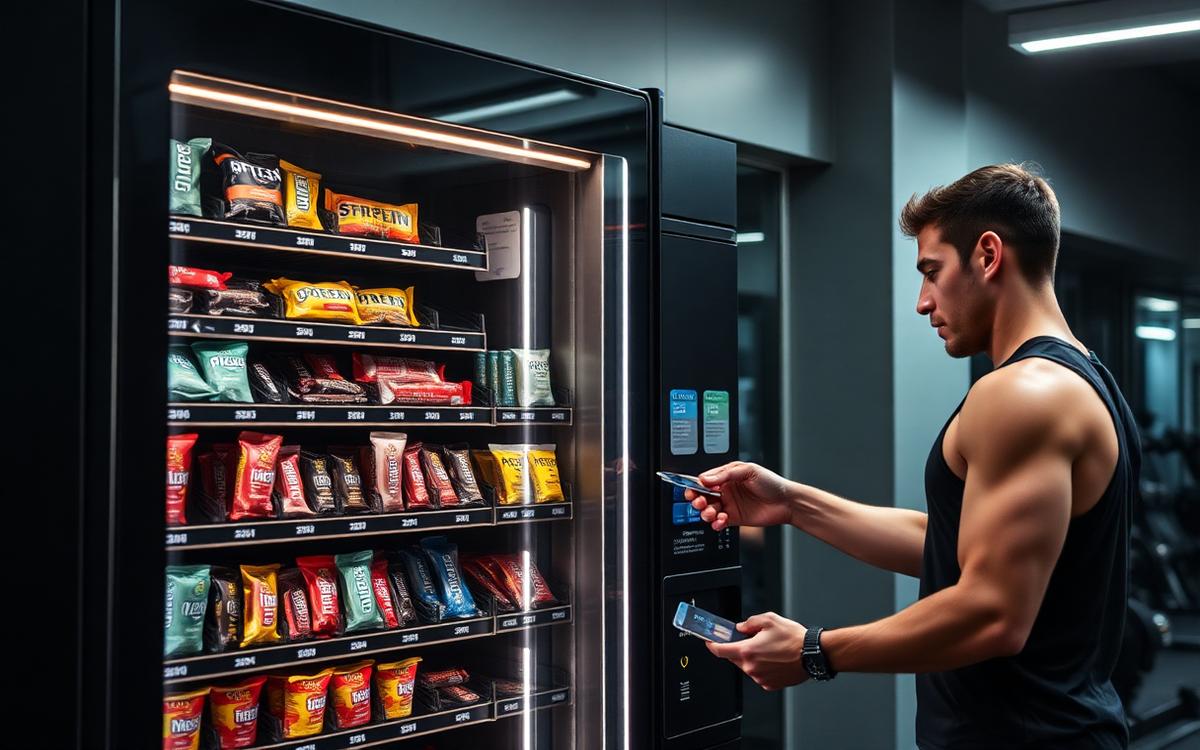 Máquina expendedora especializada en un gimnasio con proteínas y bebidas, con pago contactless