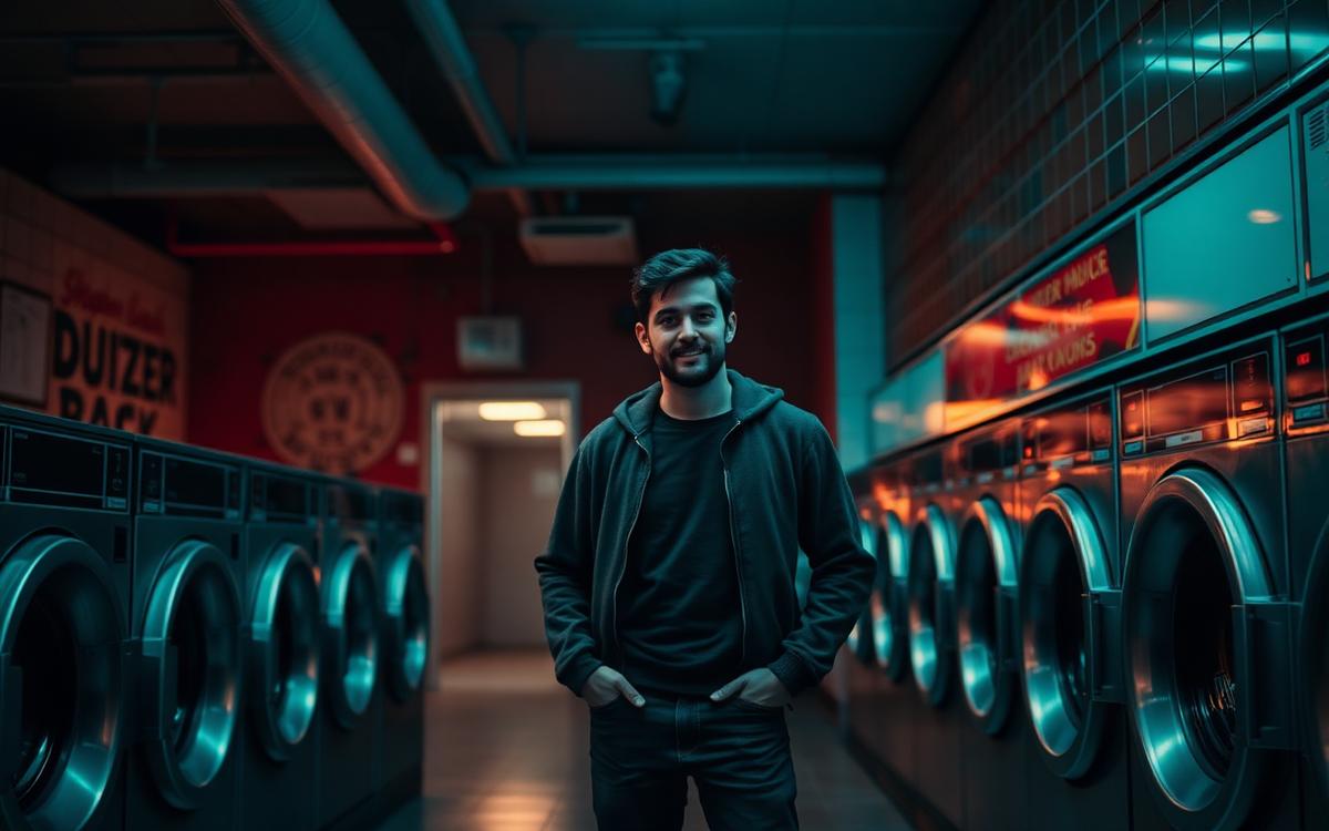 Nuevo propietario dentro de la lavandería automática que acaba de comprar como boring business