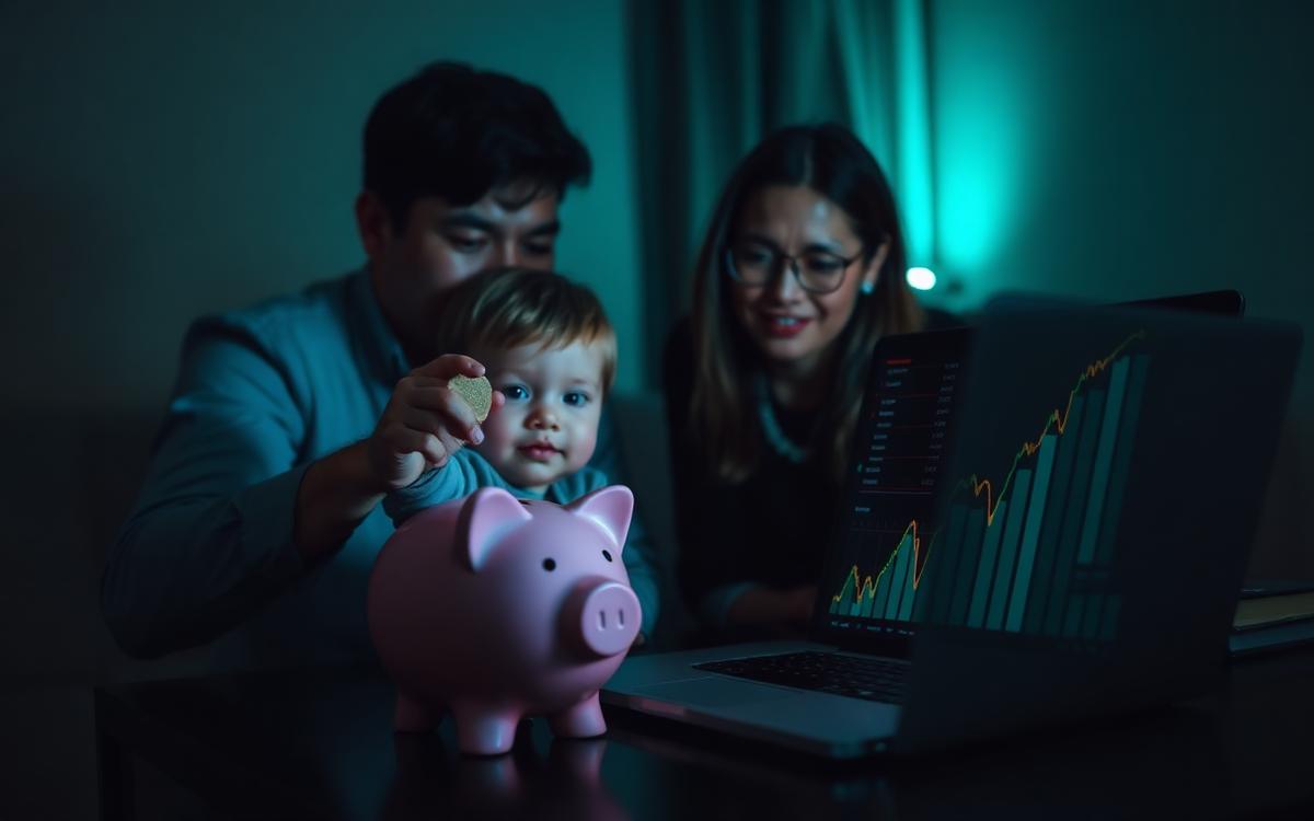 Padres y su hijo pequeño ahorrando en una hucha junto a un portátil con la evolución de la inversión indexada