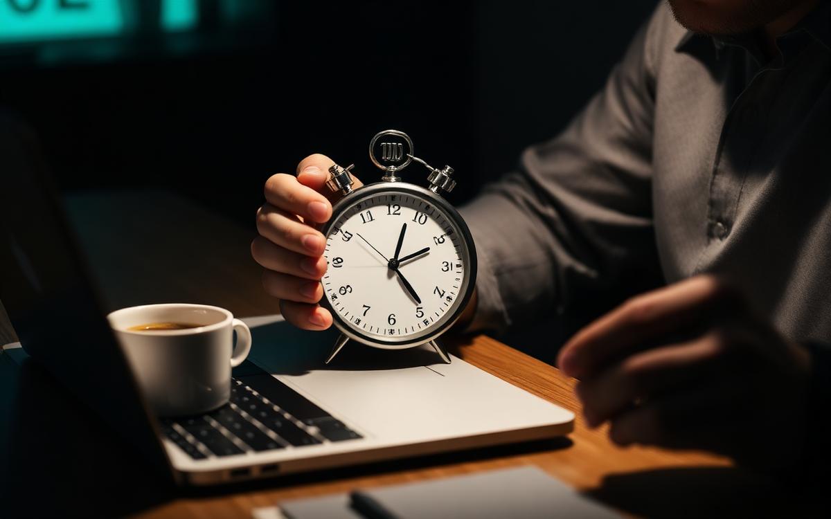 Persona con temporizador y café haciendo su revisión financiera mensual de veinte minutos