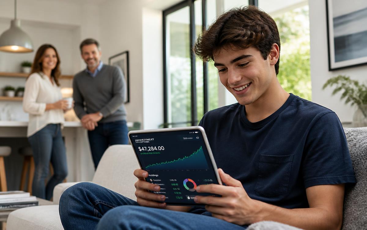 Joven de 18 años revisando en una tablet la cartera indexada que sus padres construyeron durante su infancia