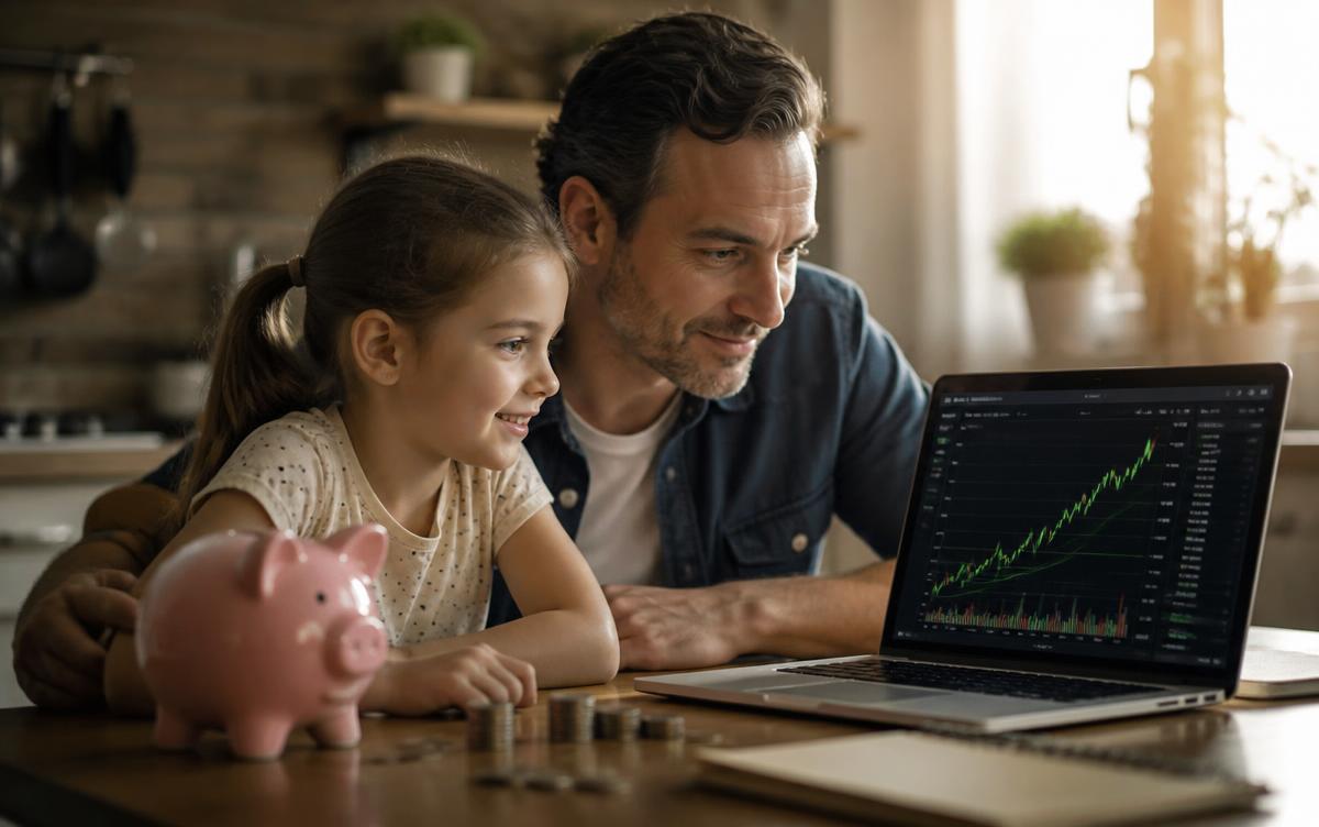 Padre e hija pequeña frente a un portátil con la curva ascendente del S&P 500 y una hucha sobre la mesa