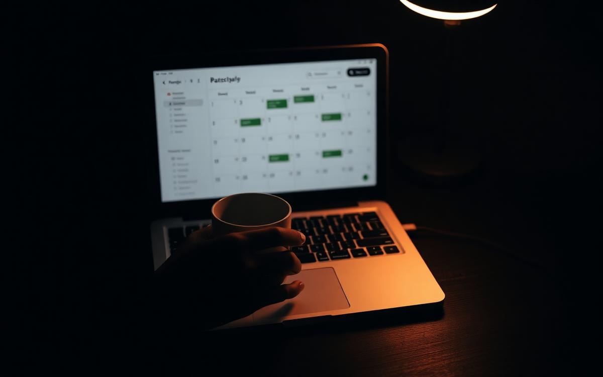 Mujer con café revisando su calendario financiero mensual en el portátil